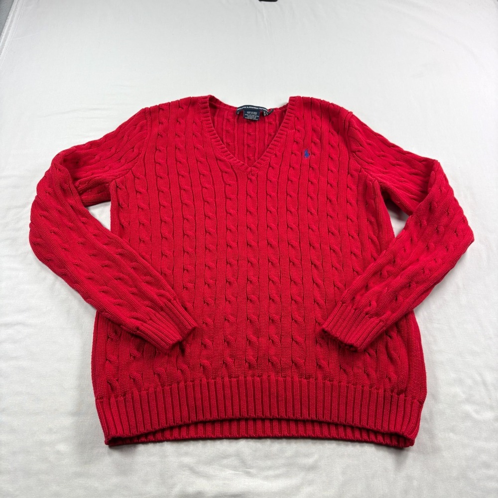 Polo Ralph Lauren Sport Sweater Womens XL Red Cable Knit Pullover V-Neck Stretch